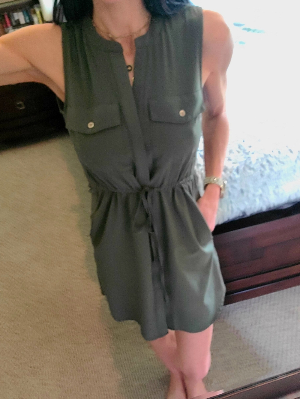 Sleeveless Olive Drawstring Shirt Dress